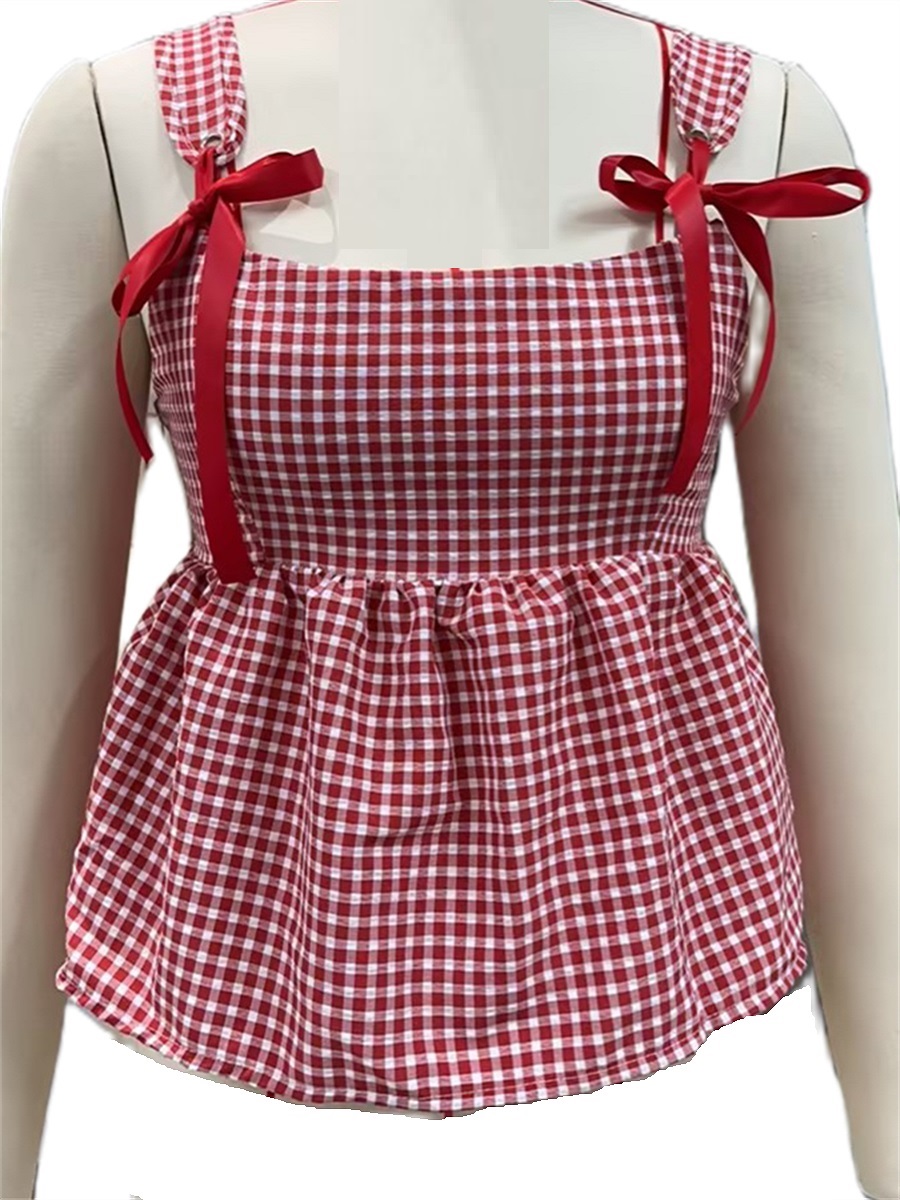 Cookycrumble costumes for women hot Women's Shoulder Tied Bows Tank Tops Classic Plaids Square Neck Ruffle Bodydoll Vest