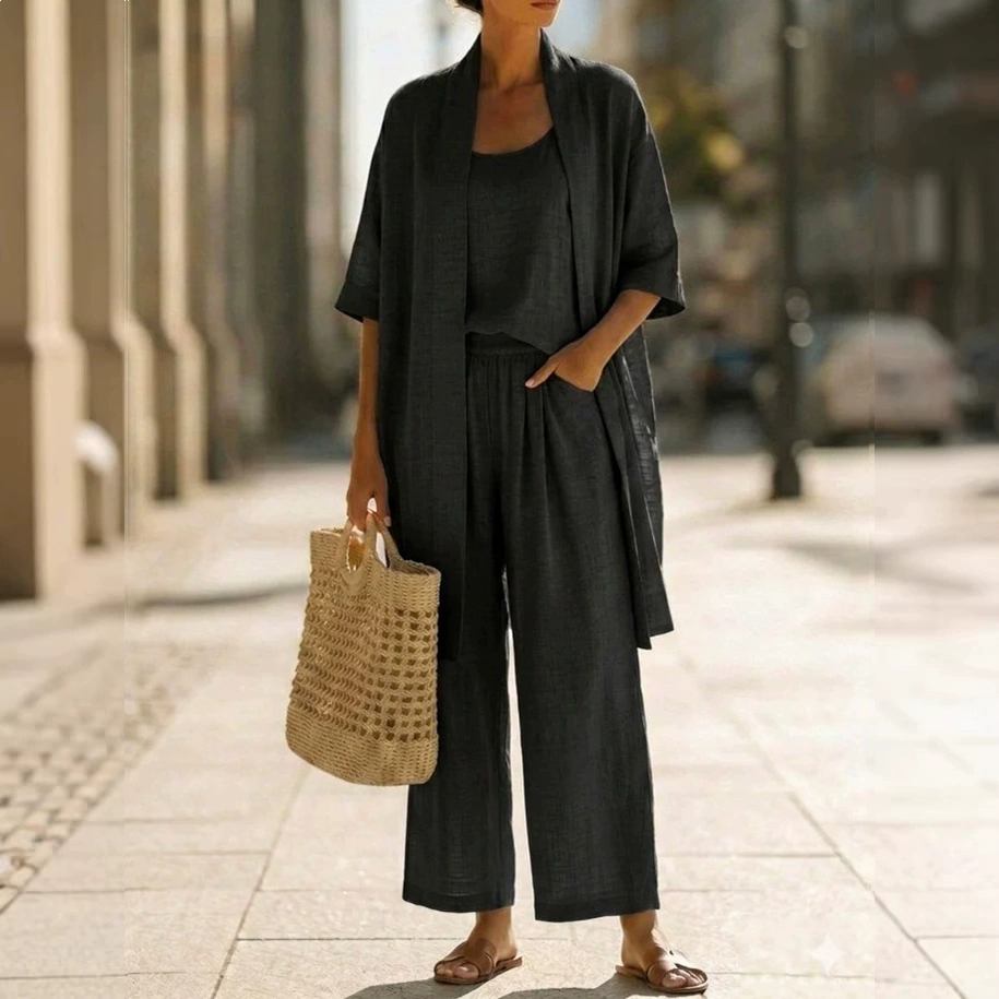 Comstylish Women's Casual Cotton Linen Cardigan ,tank Top And Pants Three-piece Set