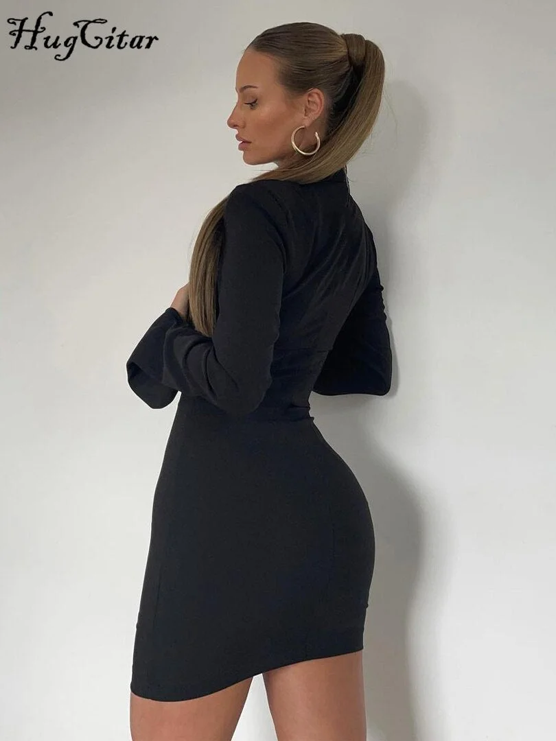 Hugcitar Solid Long Sleeve Turtleneck Hollow Out Mini Dress 2021 Fall Bodycon Party Elegant Streetwear Vestidos Outfit