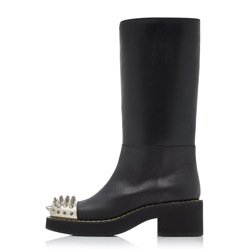 Black Metal Toe Chunky Heel Wide Calf Platform Boots with Rivets Nicepairs