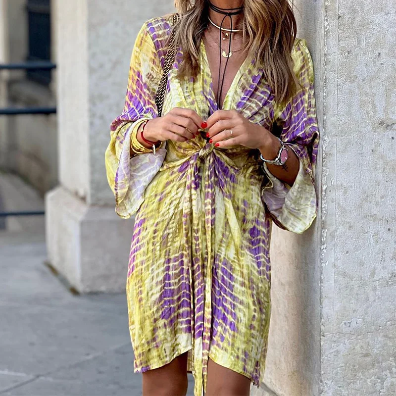 Toloer Toloer Spot 2023 New Women's Fashion Temperament Print Long Sleeve V Tie Dress-Outfit Ideas
