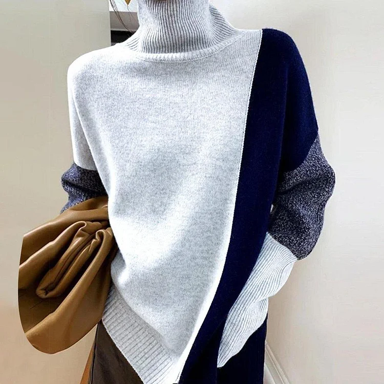 Comfy High Neck Color Block Print Sweater