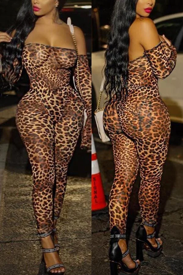 Sexy Casual Print Strapless Leopard Jumpsuit