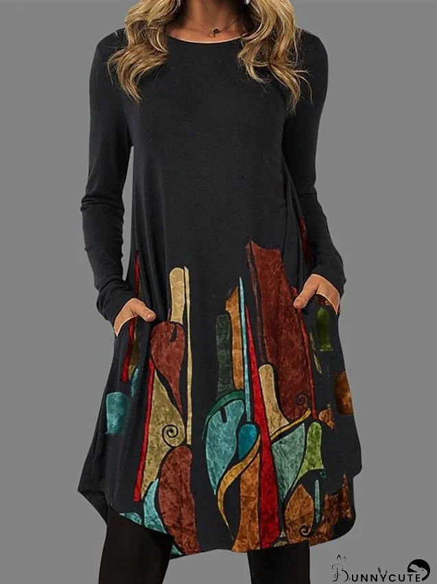 Casual Dress T Shirt Dress Tee Dress Ethnic Dress Mini Dress Black Light Green Pink Long Sleeve Floral Pocket Winter Fall Spring Crew Neck Basic Winter Dress Daily Vacation S M L XL XXL for Women
