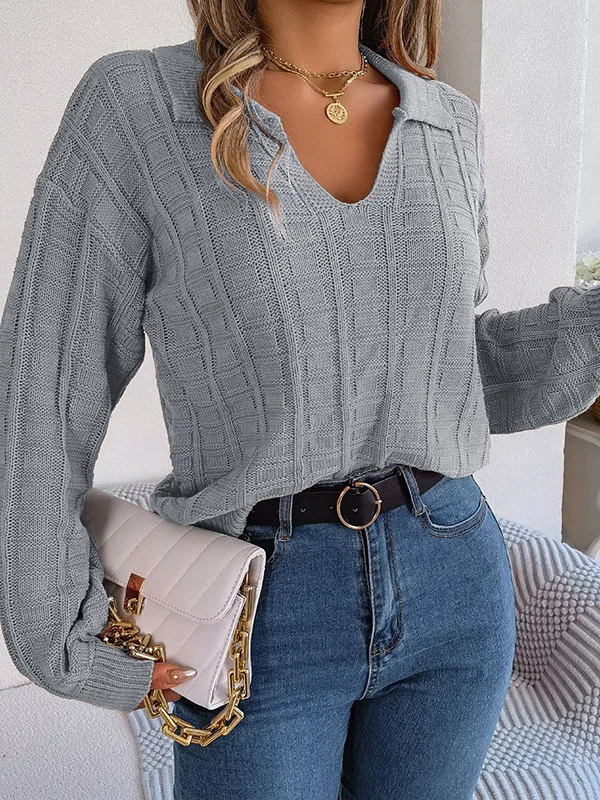 Long Sleeves Loose Solid Color Lapel Pullovers Sweater Tops