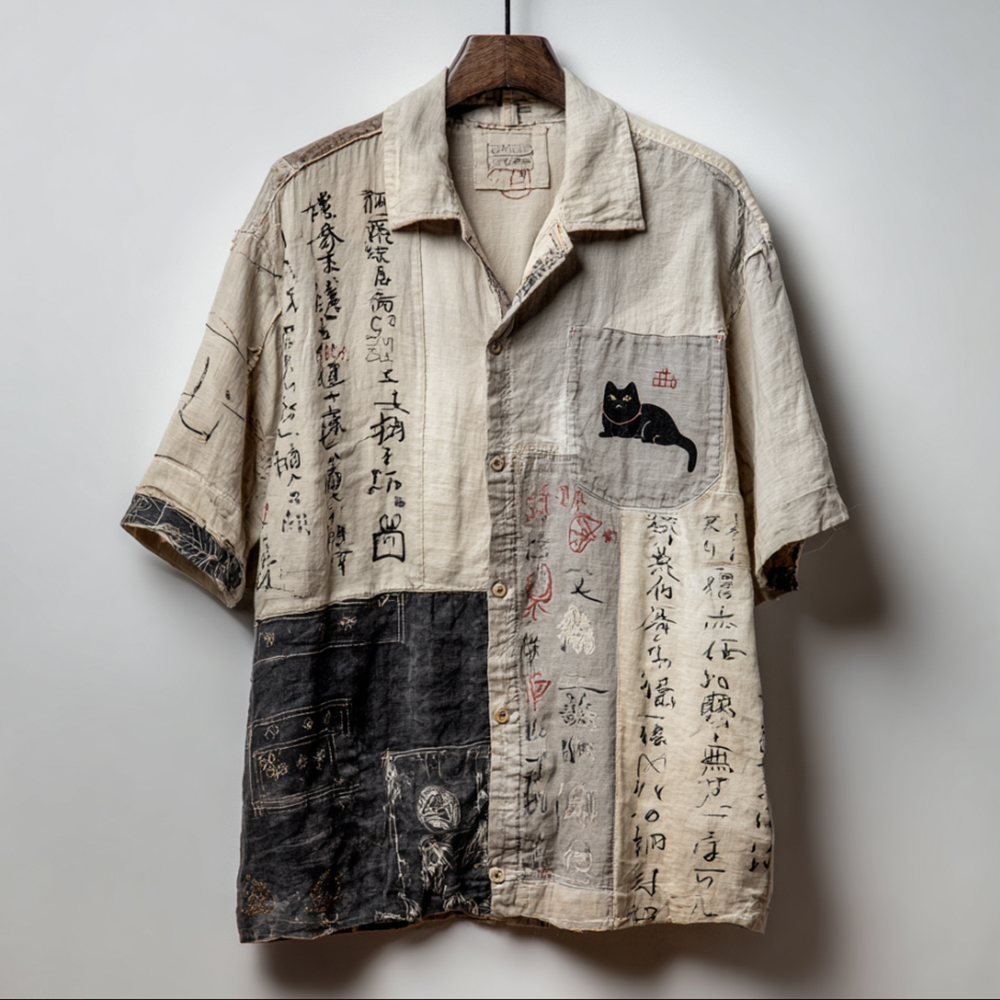 Comstylish Japanese Calligraphy And Cat Art Patchwork Embroidered Washed Short Sleeve Shirt