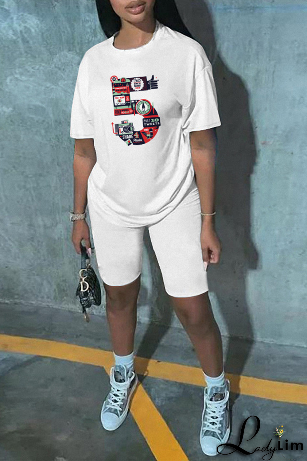 White Casual Print Split Joint O Neck Short Sleeve Two Pieces
