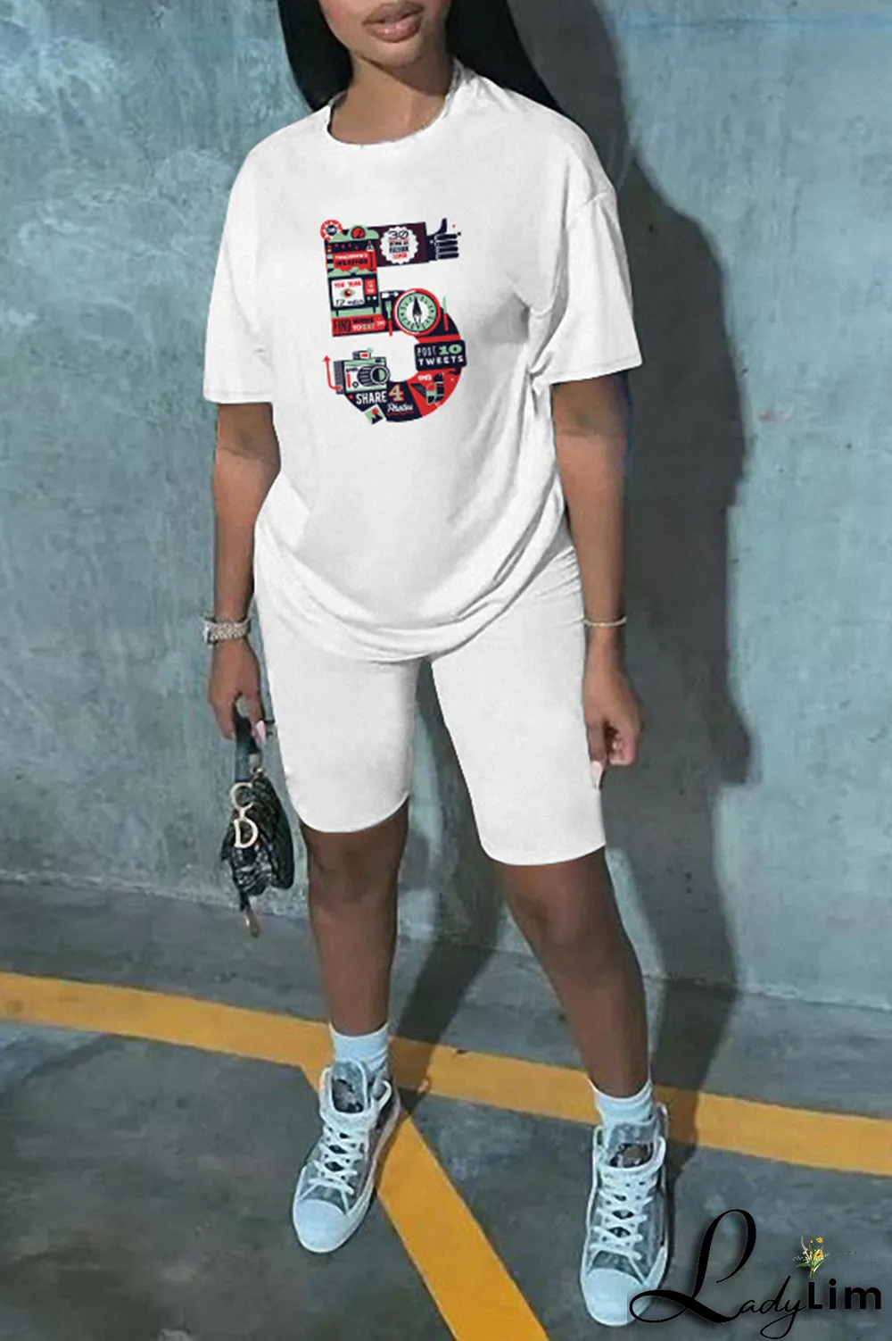 White Casual Print Split Joint O Neck Short Sleeve Two Pieces