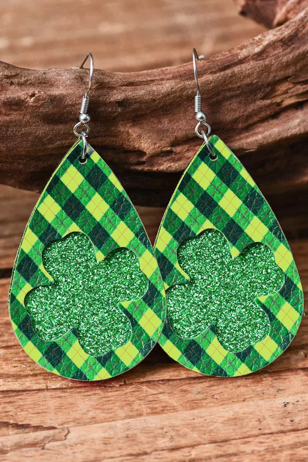 Green St. Patricks Day Lucky Shamrock Glitter Plaid Earrings | IFYHOME