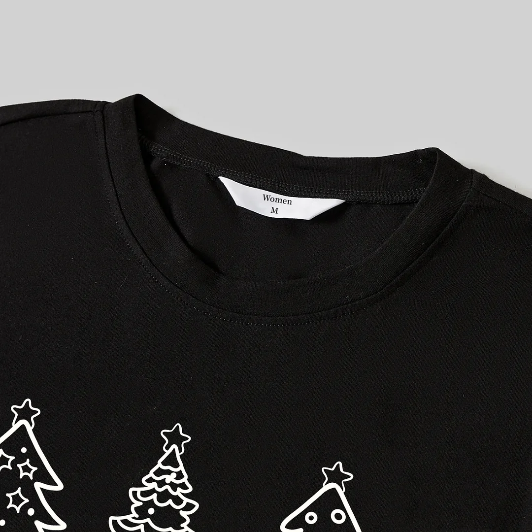 Christmas Tree and Text Print Black Long Sleeve Top with Red & White & Green Plaid Family Matching Pajamas