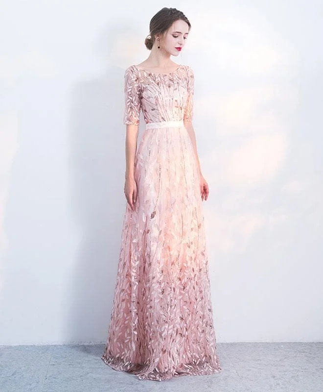 Elegant Pink Sequins Tulle Long Prom Dress, Eveninng Dress