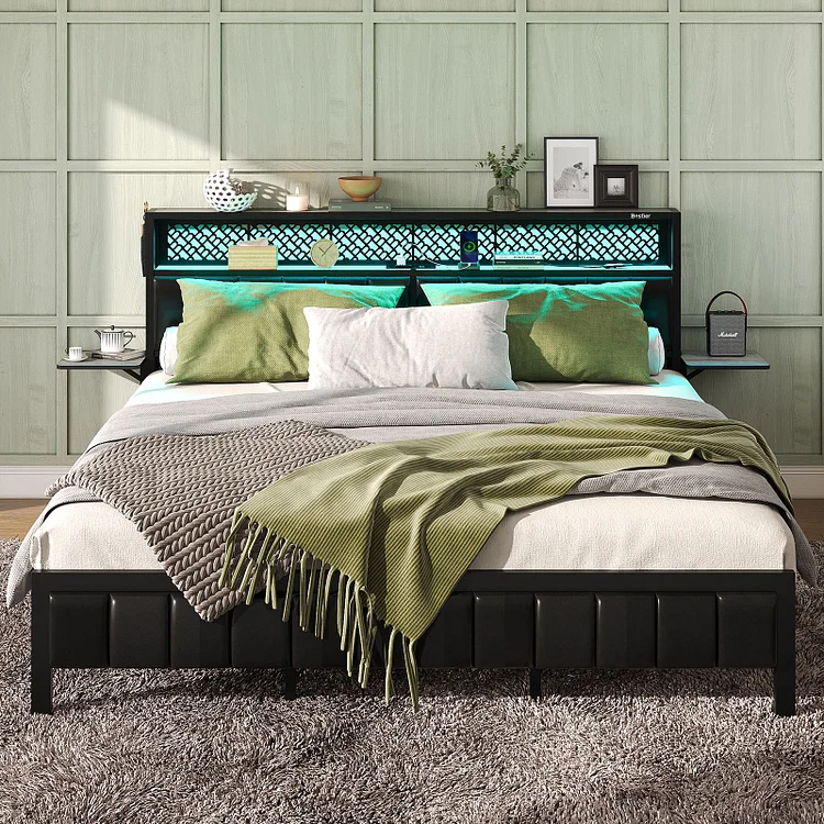Bestier Bed Frame  LED Platform Bed with Foldable Trip Shelves and Storage Headboard Charge Station