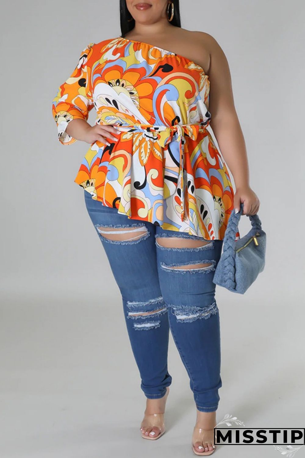 Black Yellow Casual Print Backless Oblique Collar Plus Size Tops