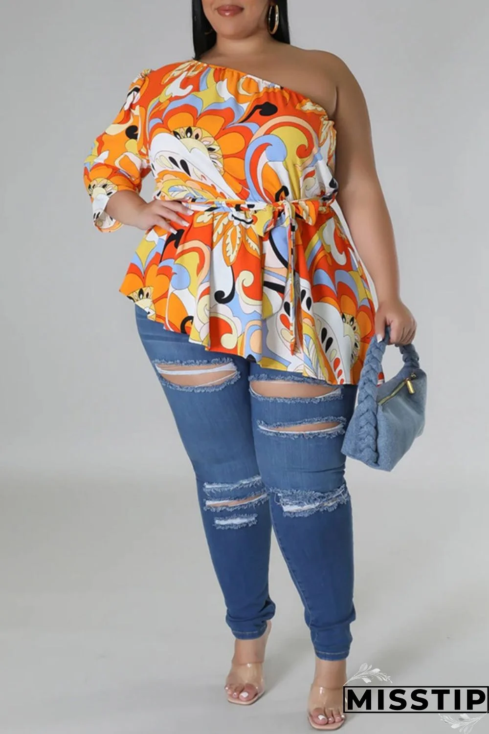 Black Yellow Casual Print Backless Oblique Collar Plus Size Tops