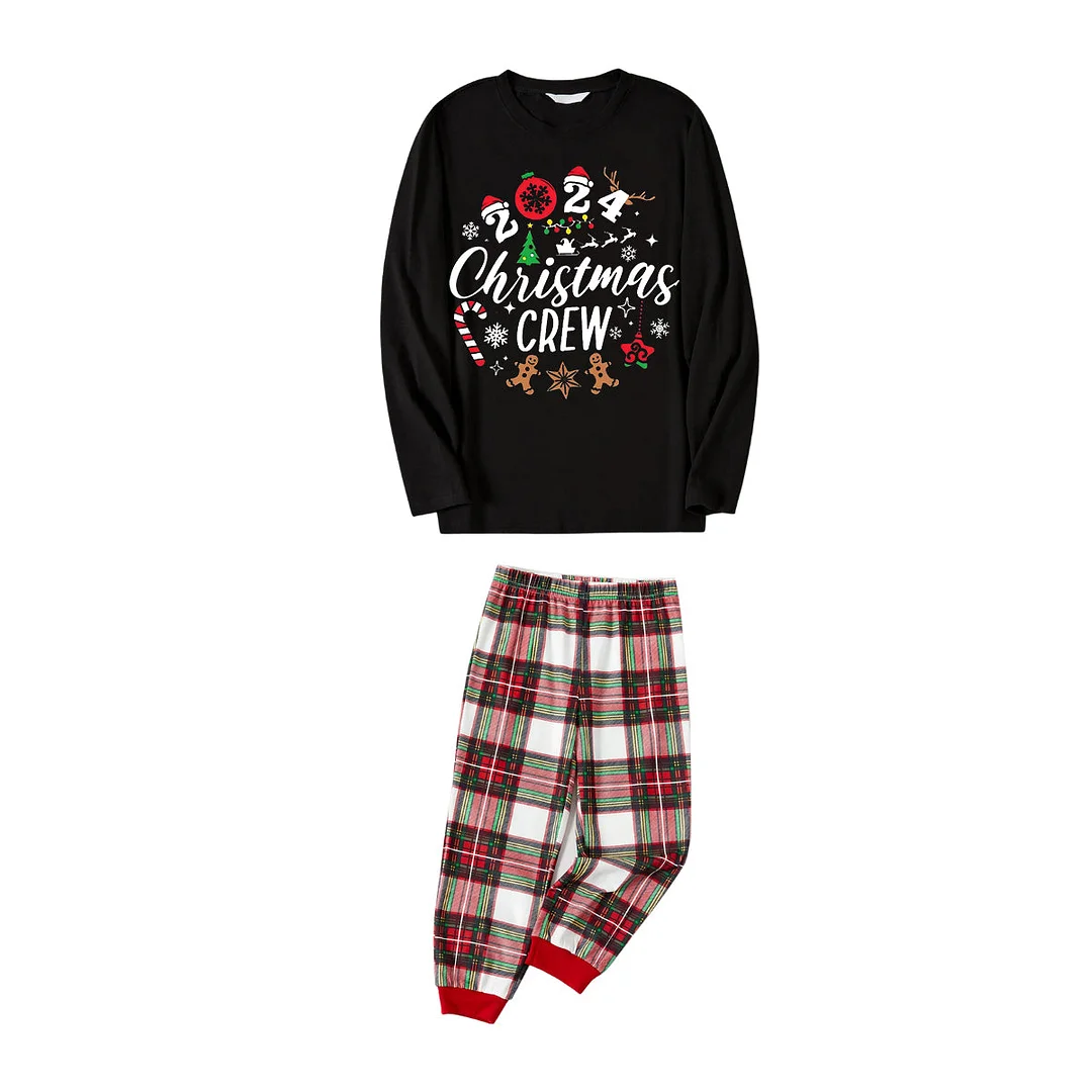 "Christmas Crew 2024" Cute Pattern Printed Red & White & Green Plaid Family Matching Pajamas
