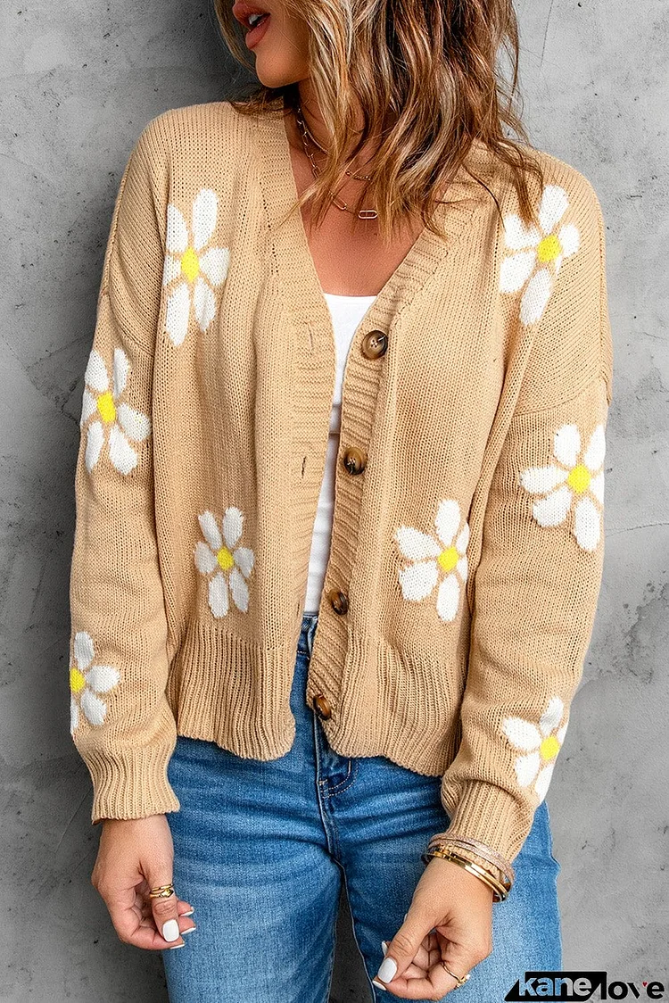 Daisy Pattern Knit Button Front Cardigan