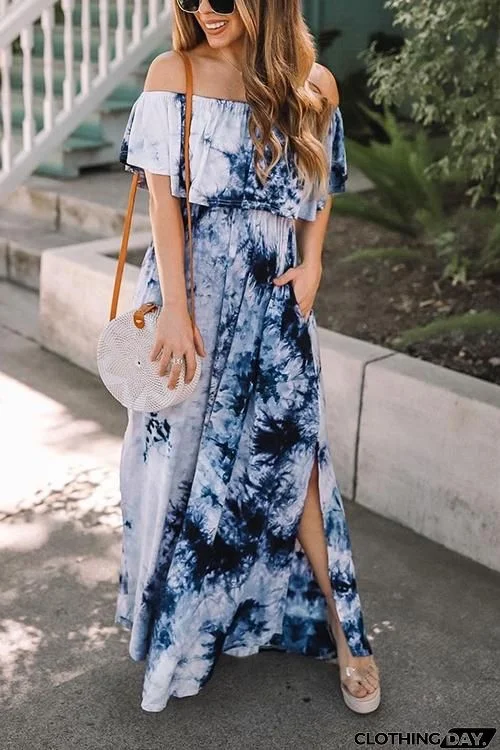 Pockets Off Shoulder Tie Dye Maxi Dress