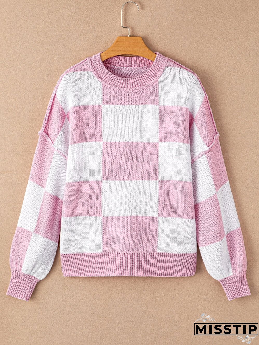 Checkered Pattern Knit Sweater for Women
