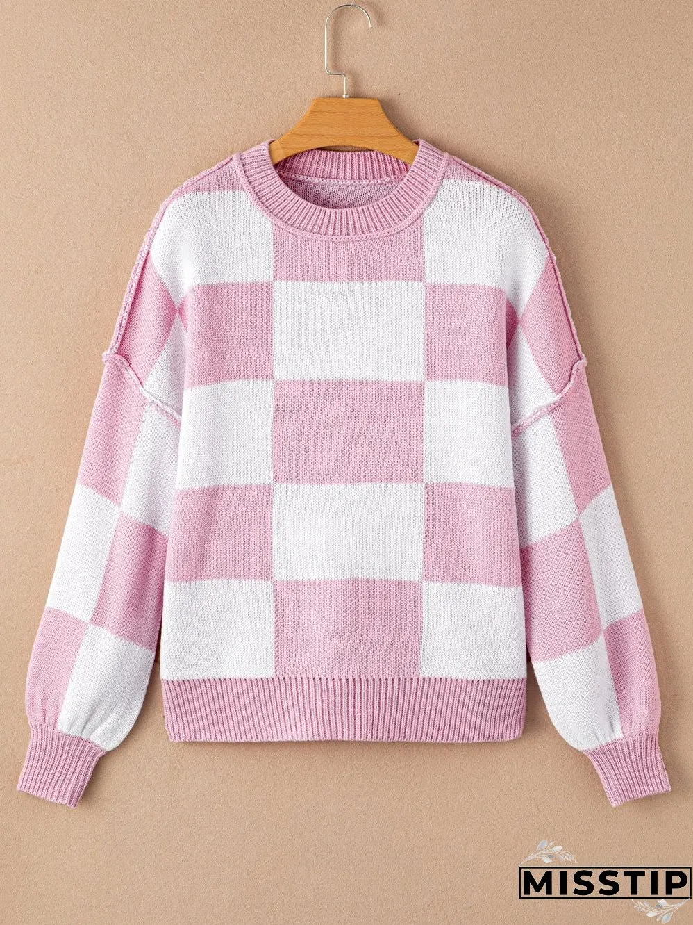 Checkered Pattern Knit Sweater for Women
