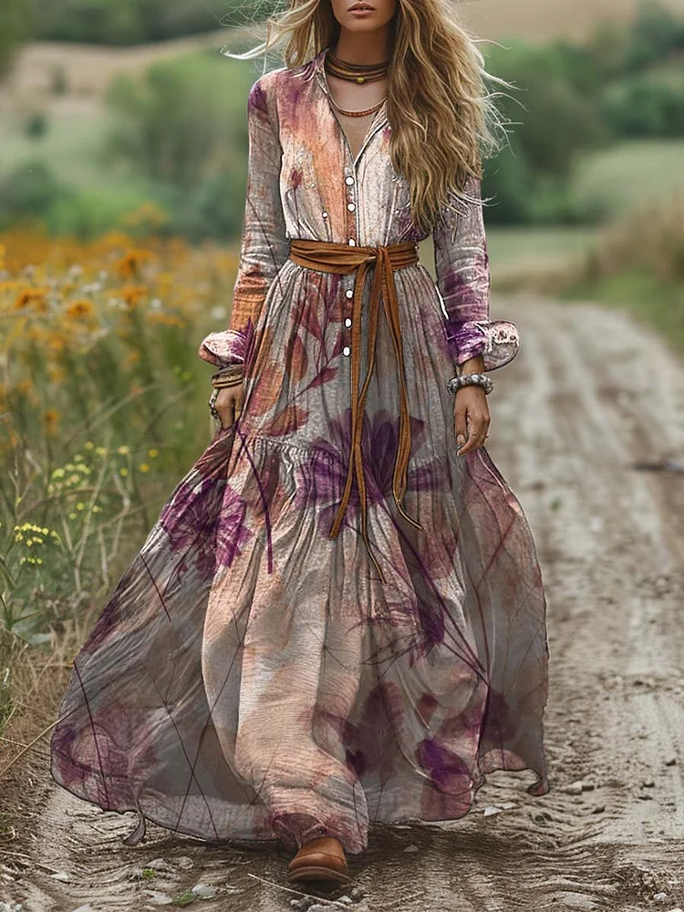 Women's Vintage Shirt Collar Hazy Watercolor Long Sleeve Dress Pocket Cotton Dress