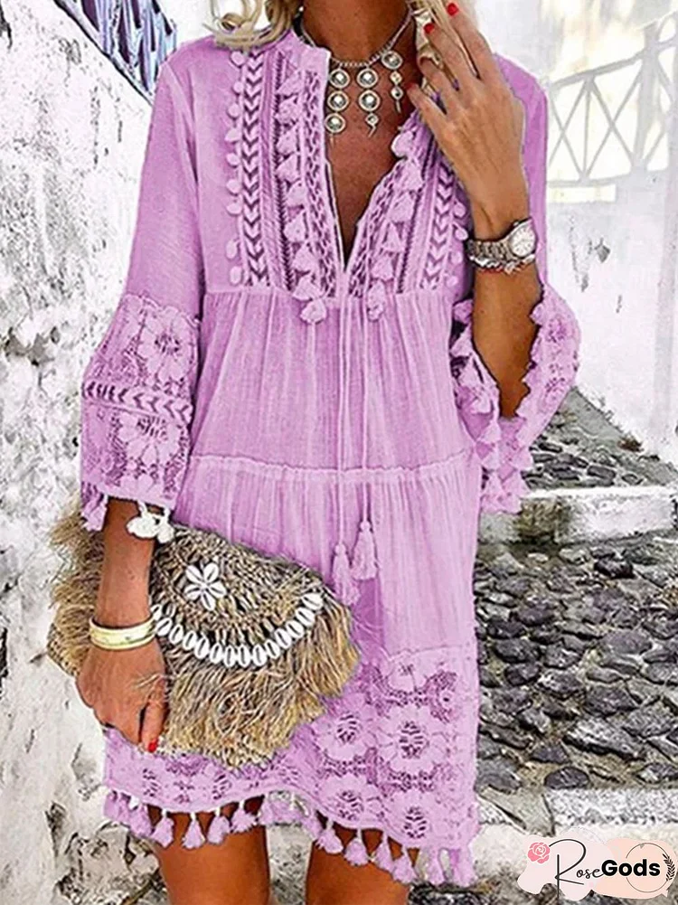 3/4 Sleeve V Neck Holiday Boho Dress