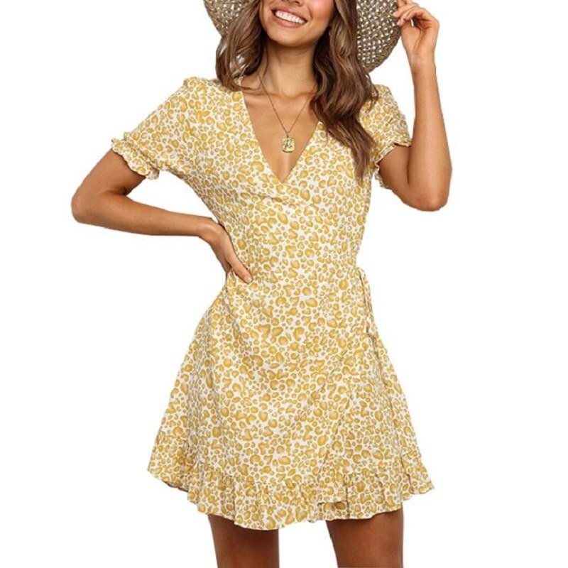 2020 New Summer Casual V Neck Print Dress Women Short Sleeve Fashion Beach Mini Dress Ruffles A-Line Dress Sundress Vestidos