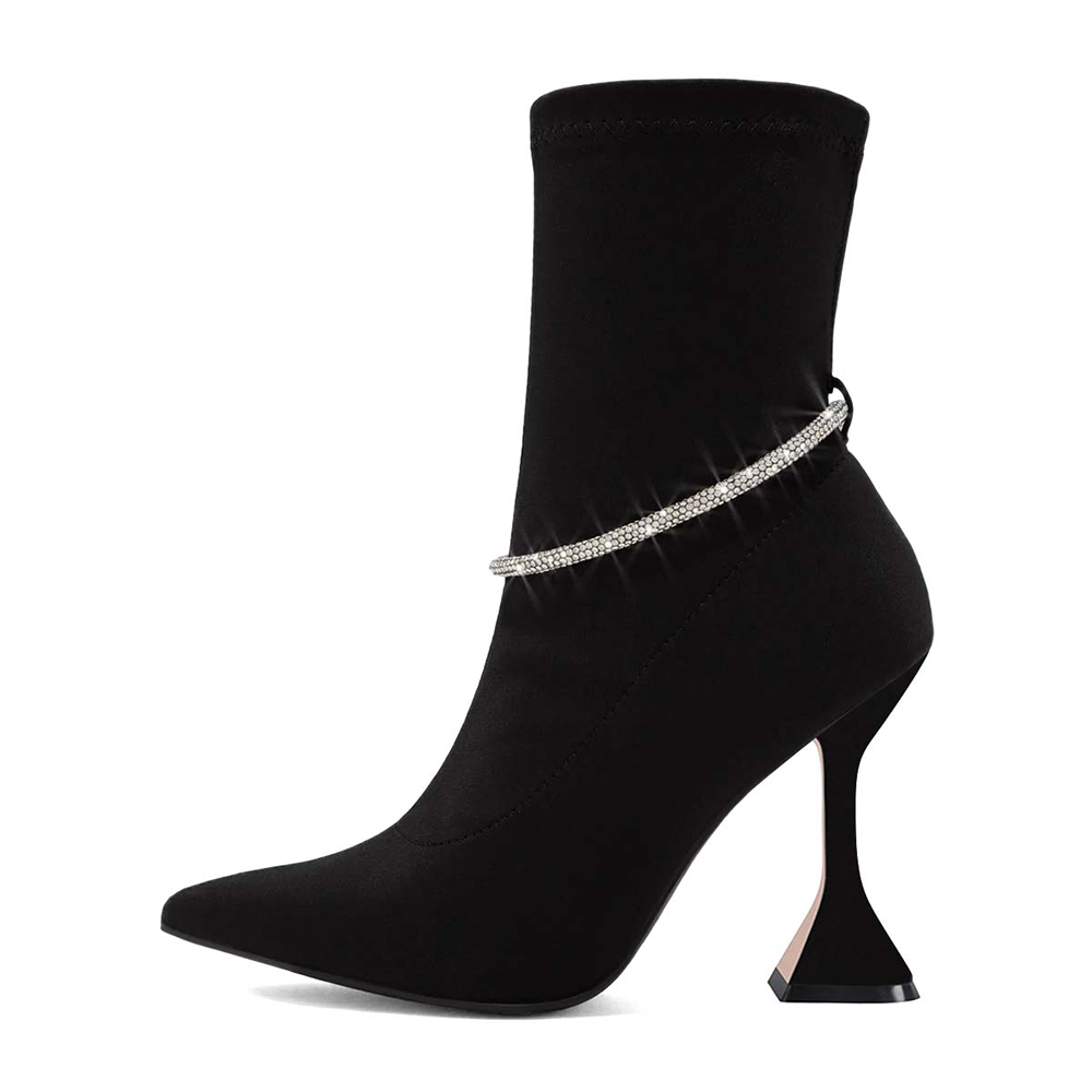 Black Satin Pointed Toe Flared Heel Sock Booties with Rhinestone Nicepairs