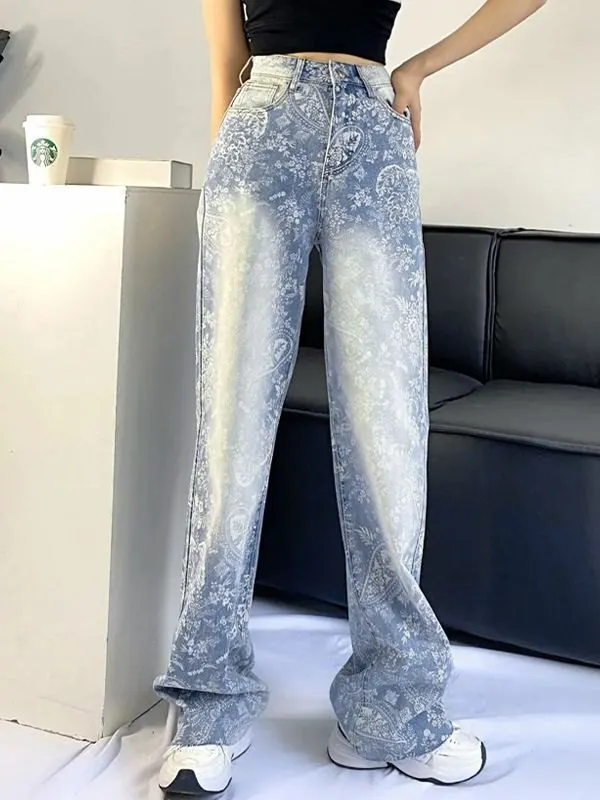 Faded Wash Floral Boyfriend Jeans