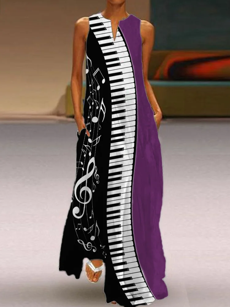 Music Notes Piano Contrast Color Flowy Maxi Dress