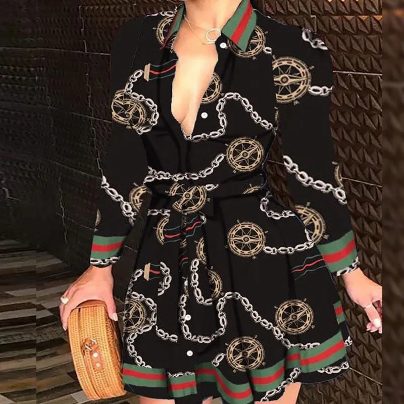 Sexy Women Deep V-neck Mini Dress Spring Autumn Long Sleeve Floral Print Dresses Laides High Waist Party Dresses Clubwear