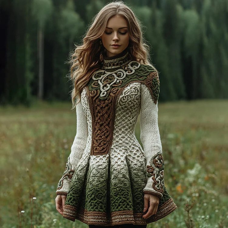 Women's Vintage Celtic Knot Contrast Pattern Sweater Dress