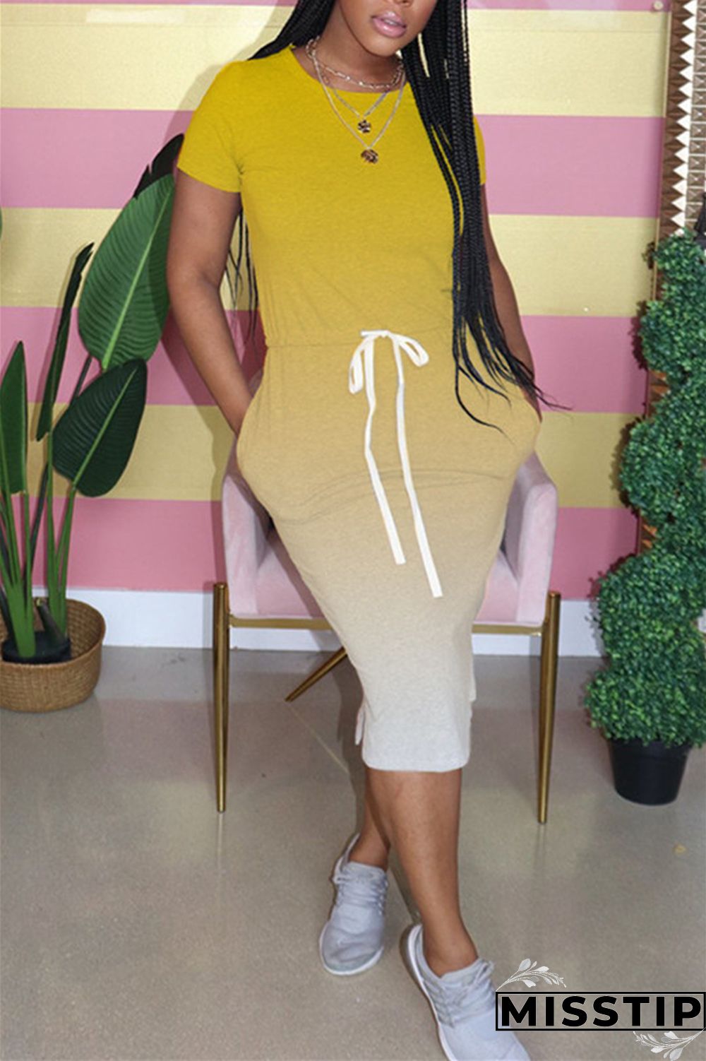 Orange Fashion Gradient Printed Short Sleeve Dress