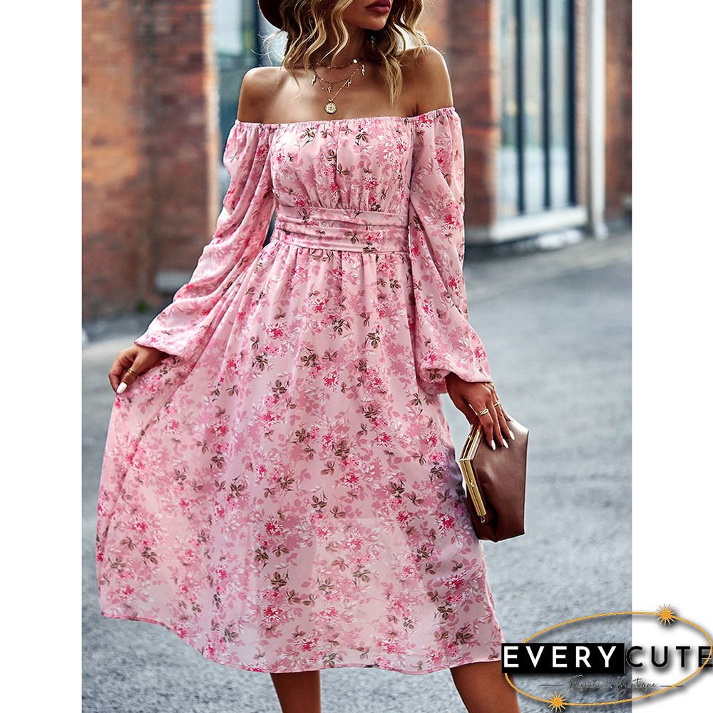 Pink Square Neck Back Pleated Chiffon Floral Dress