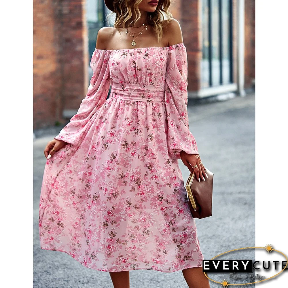 Pink Square Neck Back Pleated Chiffon Floral Dress