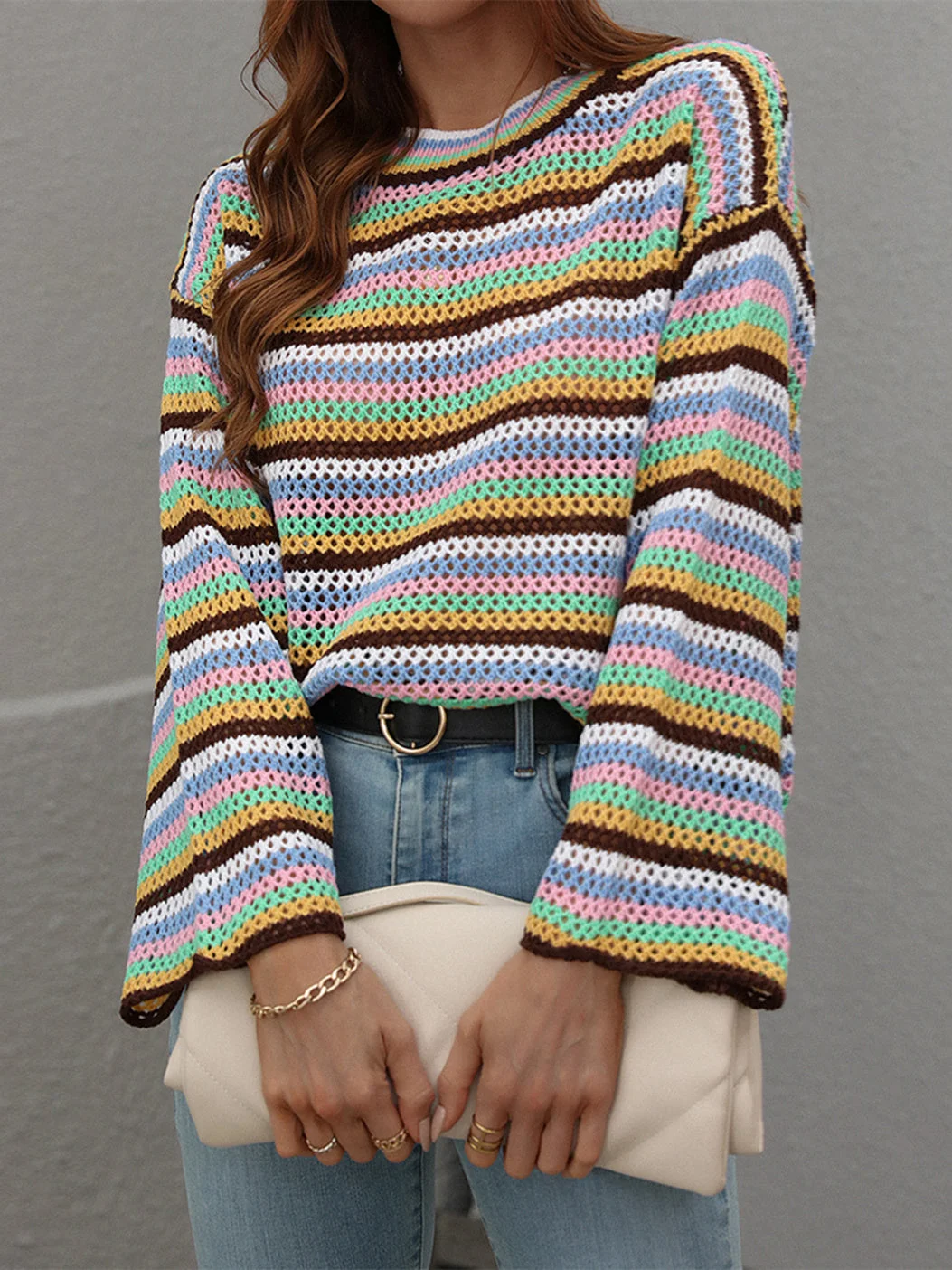 Women plus size clothing Women's Scoop Neck Long Sleeve Striped Top Knit Sweater-Nordswear