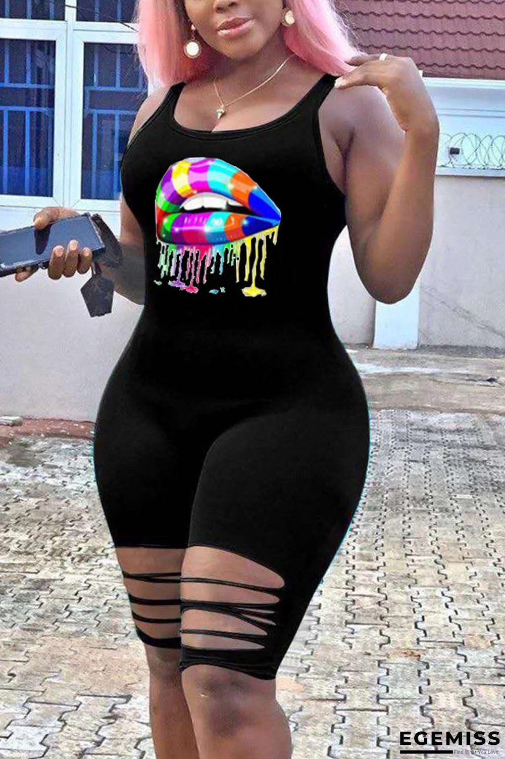 Black Sexy Fashion Lips Print Sleeveless Romper | EGEMISS