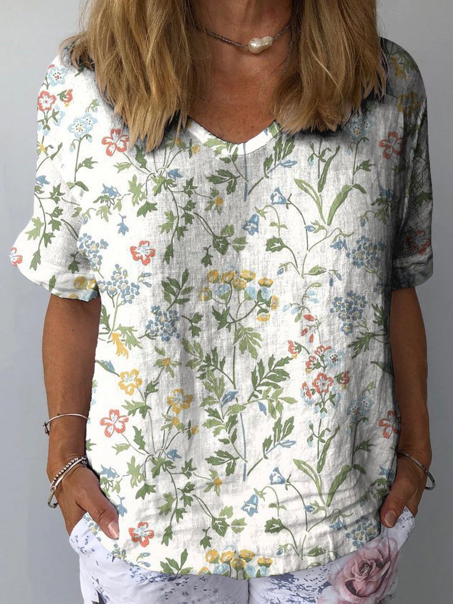 Freshen Flowers Women's Print Casual Cotton And Linen Shirt