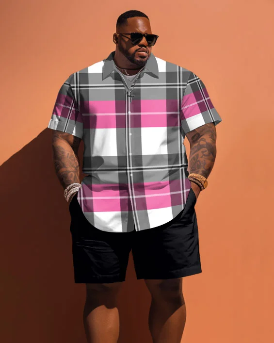 Men's Plus Size Pink Plaid Print Short Sleeve Shirt Shorts Set