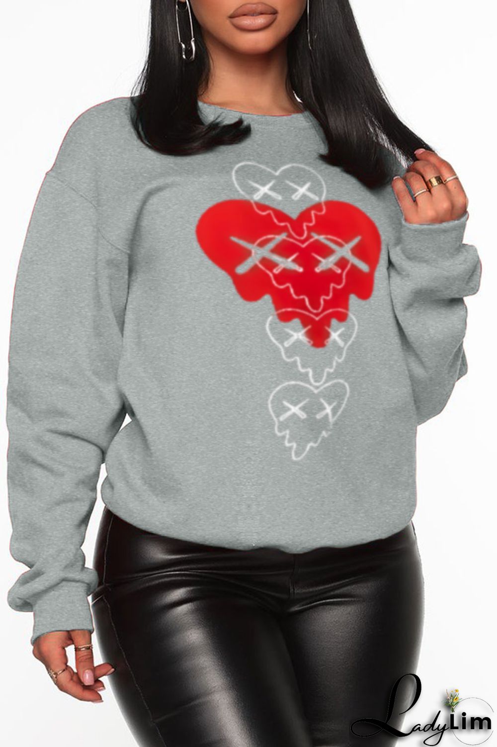 Grey Fashion Vintage Print Patchwork O Neck Tops