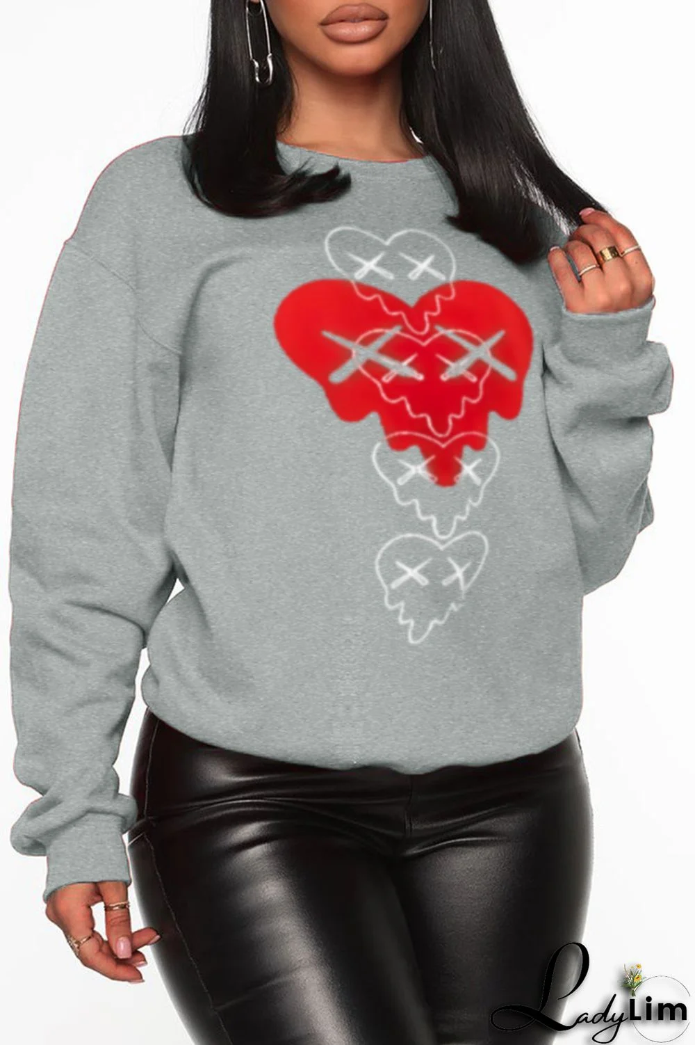 Grey Fashion Vintage Print Patchwork O Neck Tops