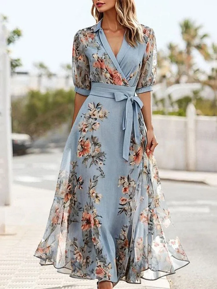 Floral Print V-Neck Short Sleeve Bow Waist Midi Dress
