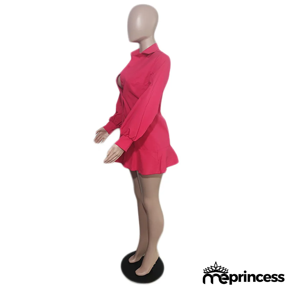 Women Fall Button Solid Long Sleeve Shirt Dress