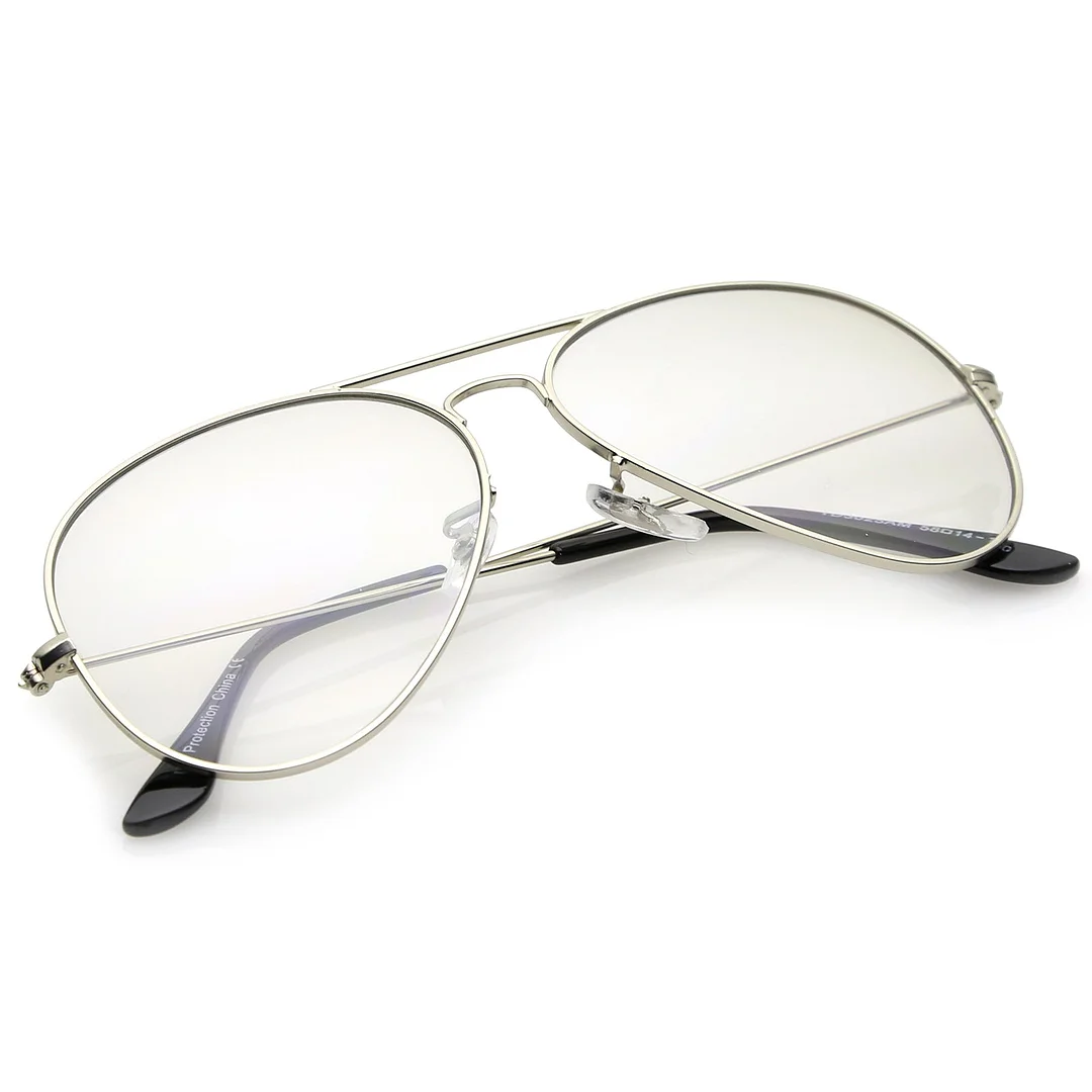 Retro Small Double Nose Bridge Slim Temple Clear Lens Aviator Eyeglasses 57mm