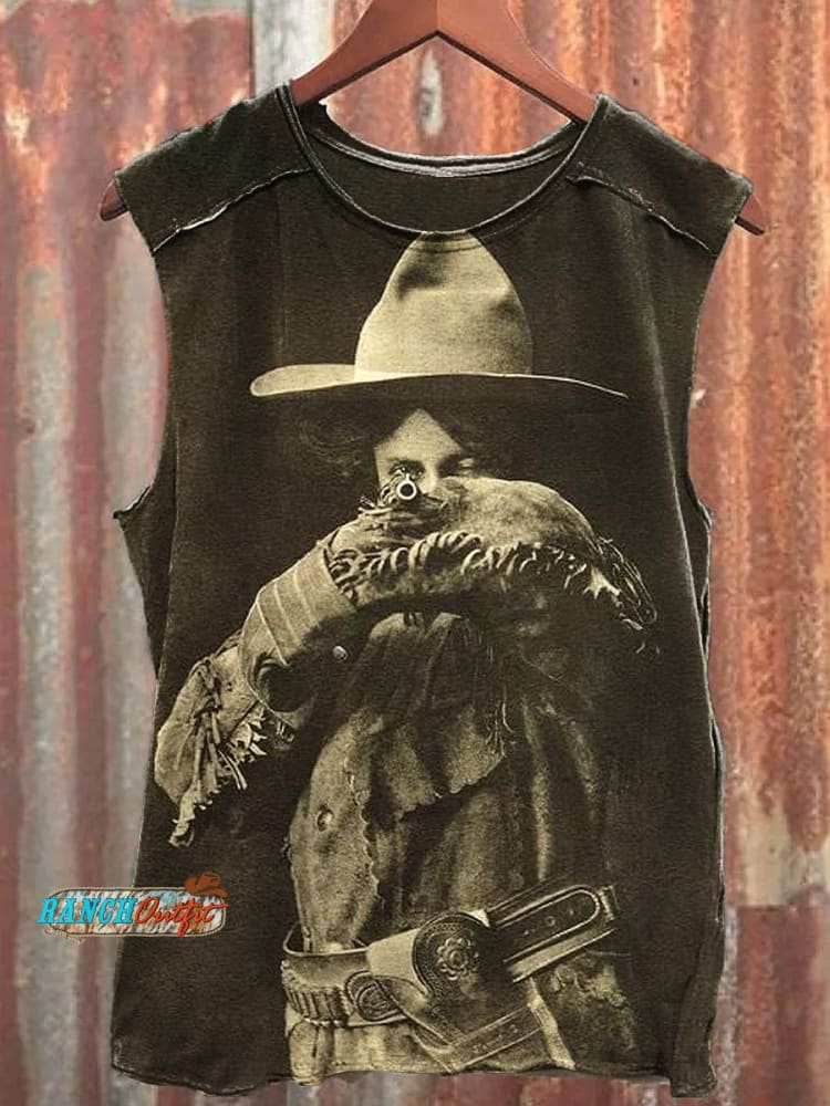 Vintage Wild West Cowgirl Print 100% Cotton Casual Tank Top Multicolor / S