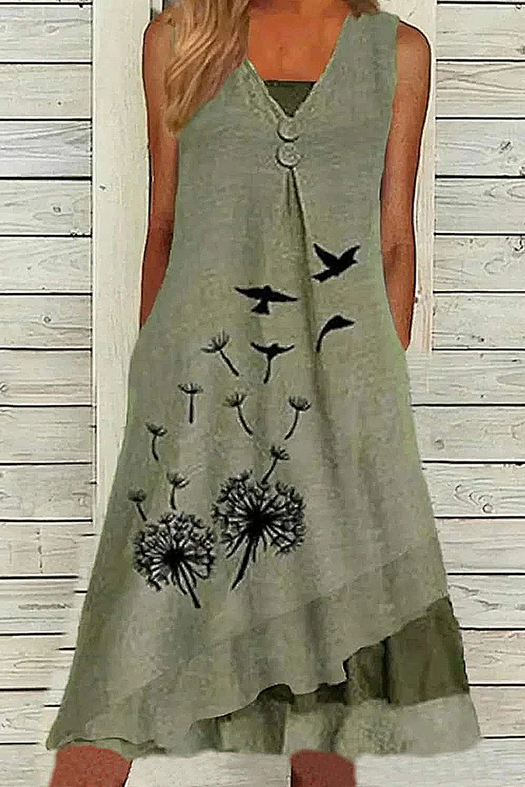 Flycurvy Plus Size Casual Green Linen Dandelion Print Decorative Button Asymmetrical Hem Midi Dress  Flycurvy [product_label]