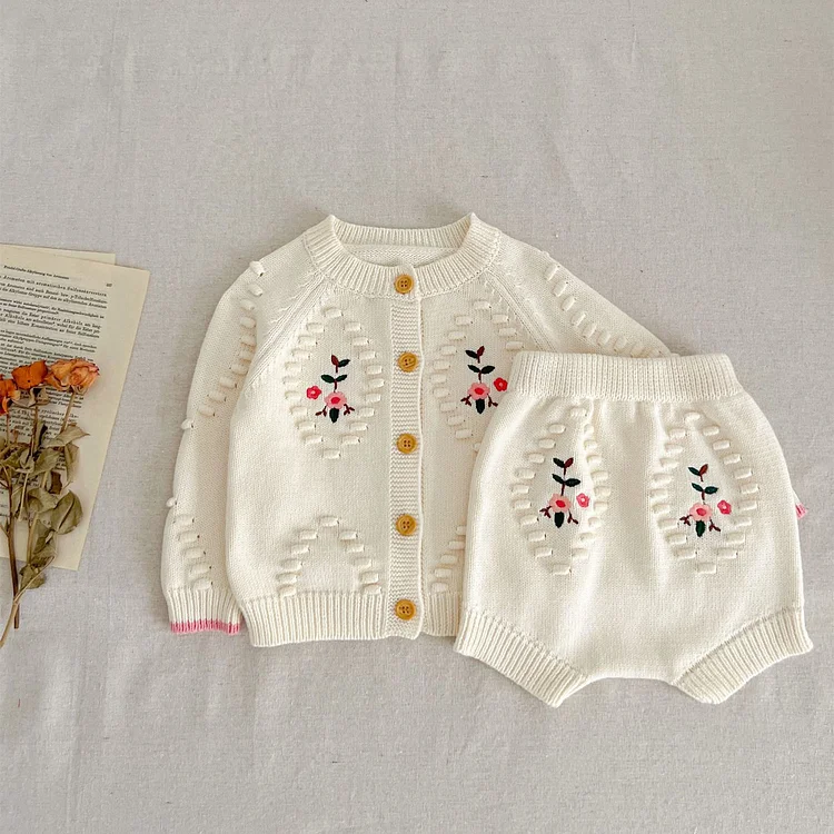 Baby Embroidered Flower Knitted White 2 Pieces Set