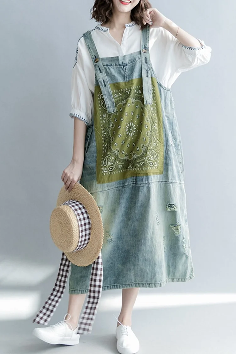 Loose Print Blue Denim Sundresses Women Casual Outfits