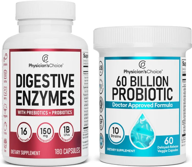 Digestive Enzymes 60ct + 60B Probiotic 30ct | Value Digestive Bundle by Physician's Choice