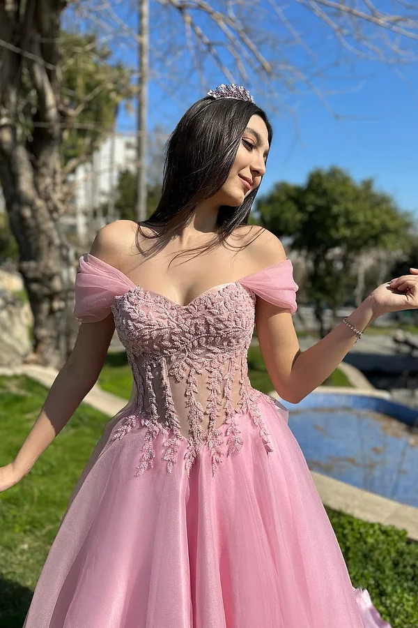 Daisda Pink Off-Shoulders Sweetheart Appliques A-Line Prom Dress