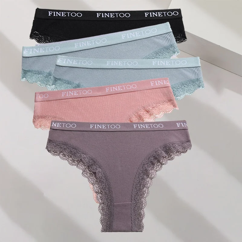 FINETOO 5PCS/Set M-XXL Cotton Panties Women's Letter Thong  Girls Brazilian Panty Sexy Lace Underwear For Woman Lingerie Bikini